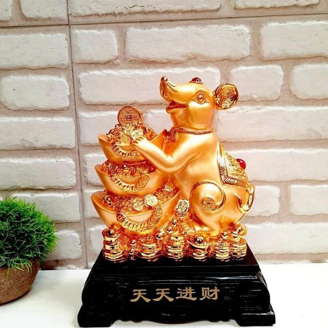 Patung Tikus Emas S Tatakan Kayu Kado Pajangan Hoki Shio Tikus Murah