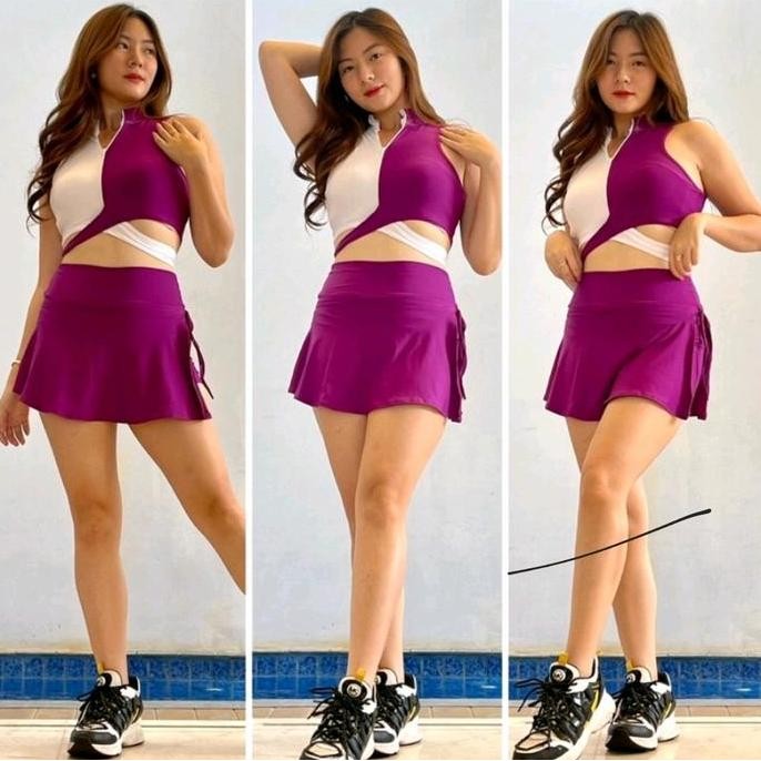 BEBAS ONGKIR - Setelan Rok ikat Crop bra resleting untuk senam gym fitness zumba Set Wanita