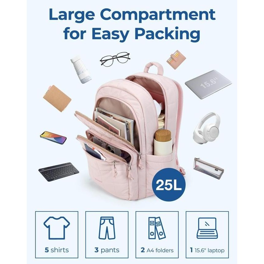 BAGSMART Ransel Laptop 15.6 Inch dengan Kompartemen Besar, Tas Sekolah Santai Berlapis Warna Pink, R