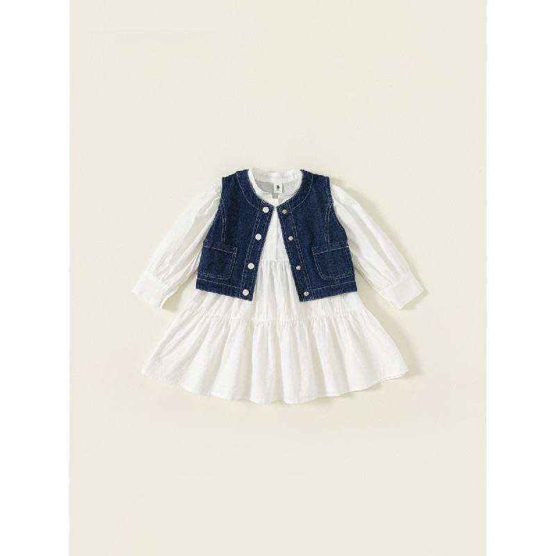 [CCB BABY]Set dua potong gaun putih sederhana gaya Korea untuk anak perempuan + rompi denim