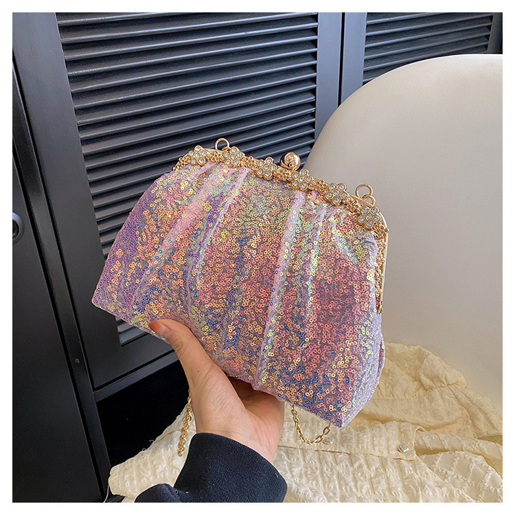 Tas Rantai Kerang Pita dengan Rhinestones Tas Bahu Tunggal Imut Tas Selempang Sederhana Wanita