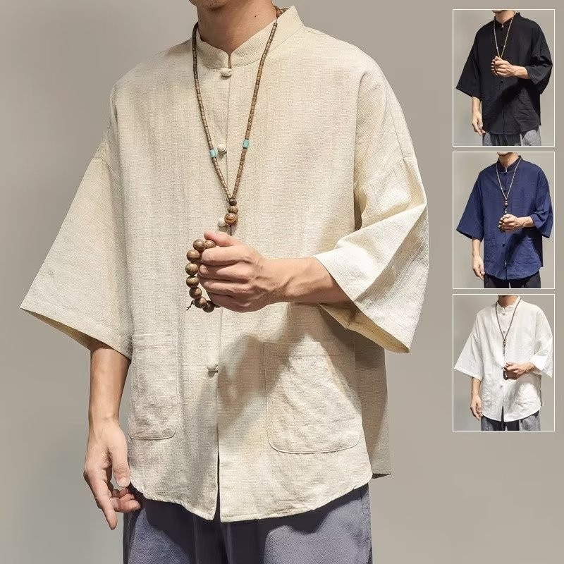 Pakaian Tradisional Cina Hanfu Jubah Taois Musim Panas Linen Kemeja Lengan Tiga Perempat Kancing Pri