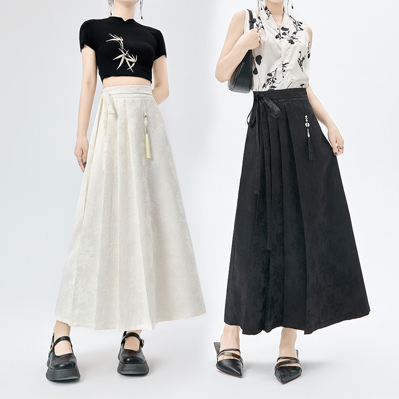Rok Setengah Wajah Kuda Gaya Cina Hitam Wanita Baru Pinggang Tinggi A Rok Panjang Jacquard