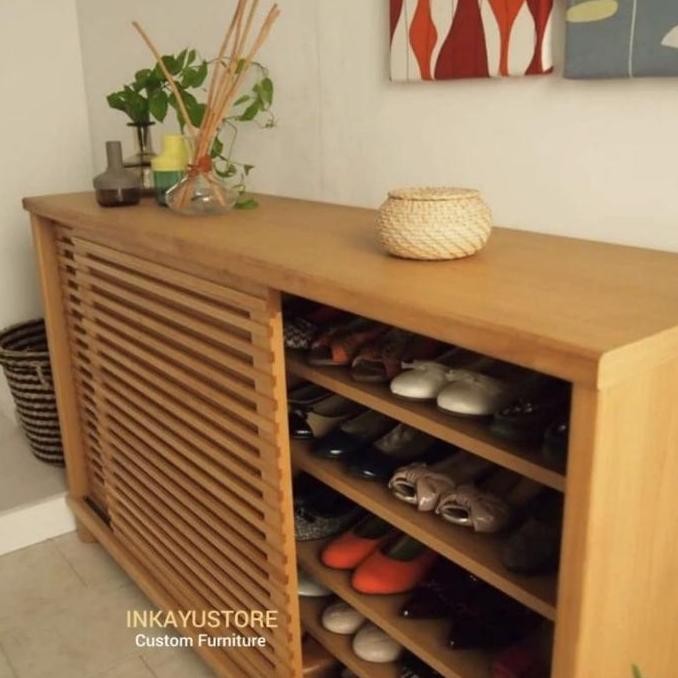 (Expert) Lemari sepatu minimalis kayu jati solid, Almari sepatu kayu jati solid