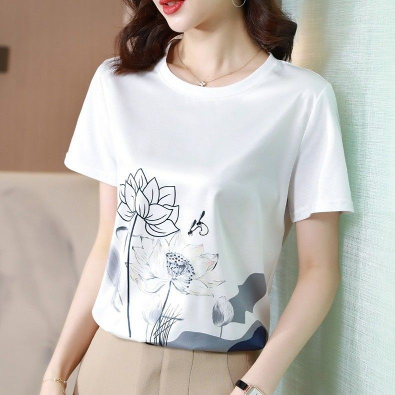 Kaos Cetak Satin Halus Serbaguna Lengan Pendek untuk Wanita