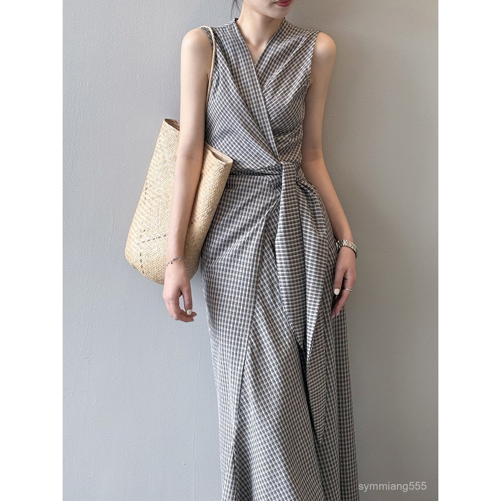 Women's New French Retro Style V Plaid Tie Vest Dress