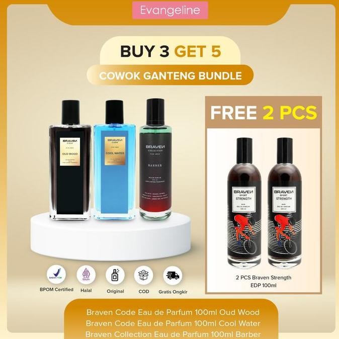 Cogan Buy 3 Get 5Cowok Ganteng Bundle | Braven Eau De Parfum 100Ml - Cool Wtr - Barber - Oud Wood - 
