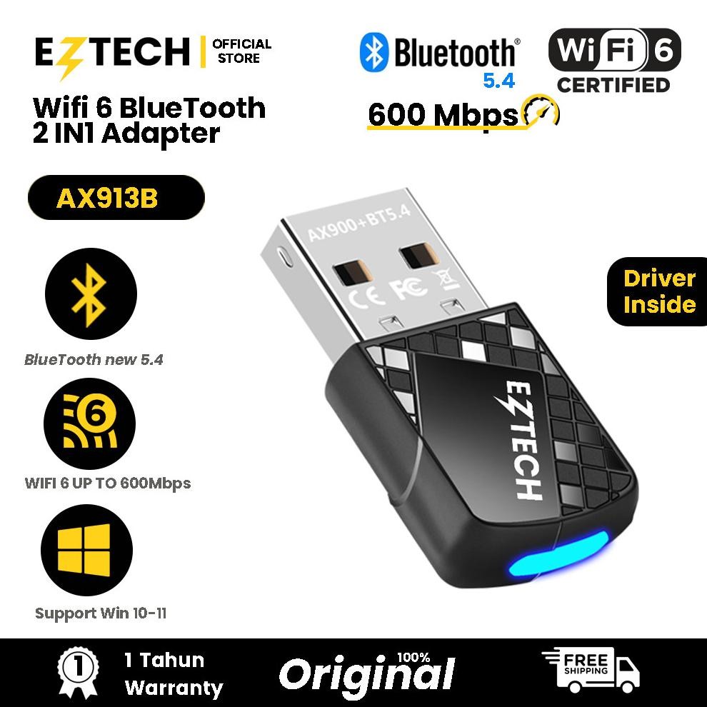 EZTECH AX913B Terbaru Nano Wi-Fi 6 600 Mbps 2.4/5GHz Dual Band + Bluetooth 5.4 2in1 USB Wifi Adapter
