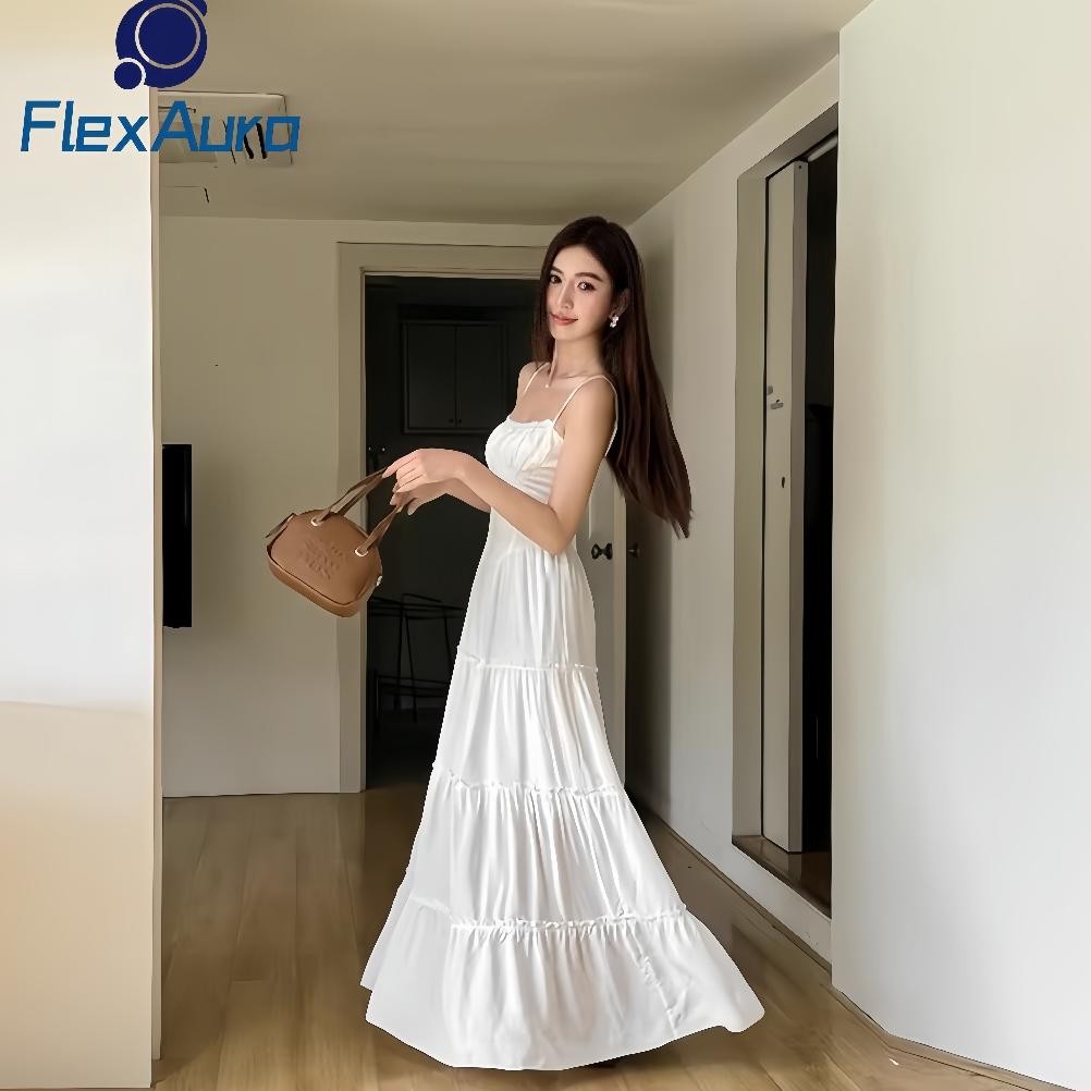 FLEXAURA Rok Panjang Wanita Putih 2025 Model A-Line, Rok Gantung, Gaya Korea, Rok Layer Cake, Cocok 