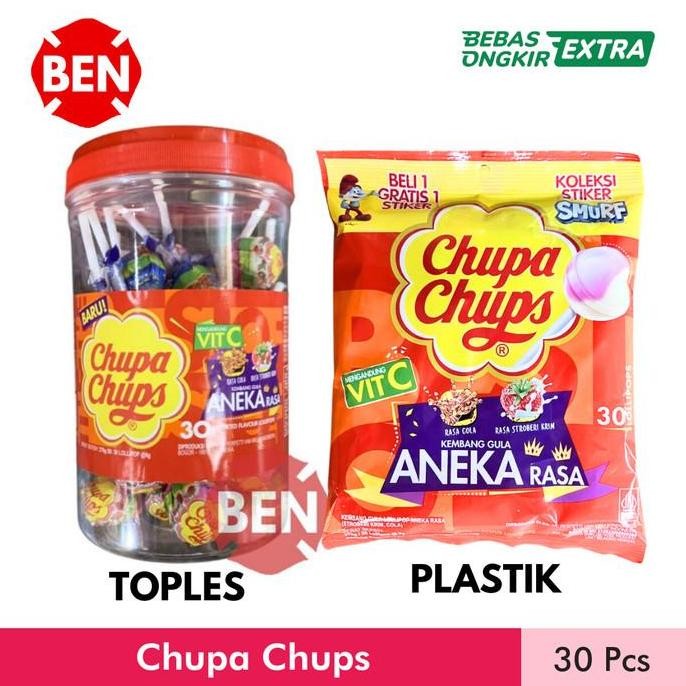 New Permen Chupa Chups Lollipop 1 TOPLES 30 Pcs Lolipop Cola Stroberi