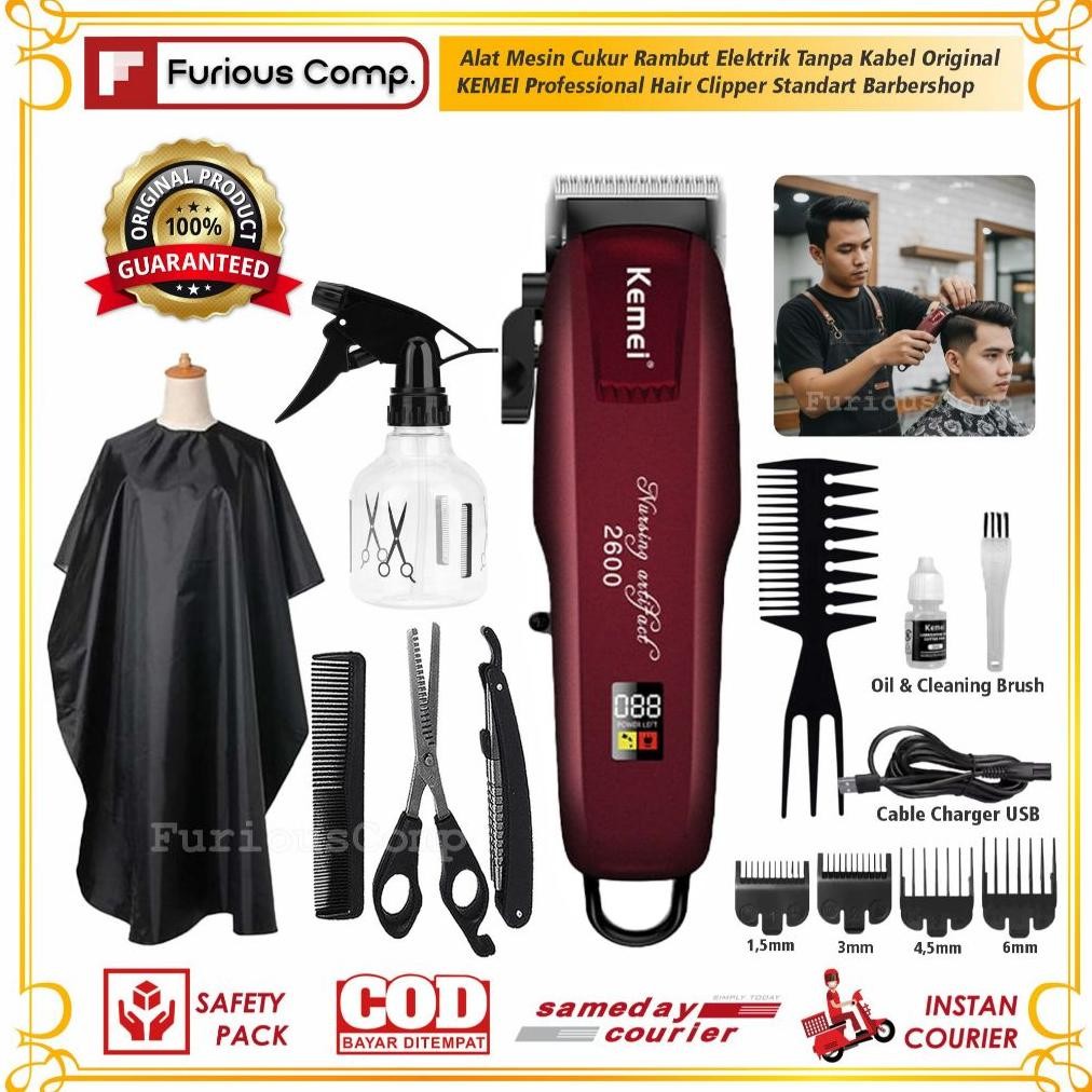 Alat Mesin Cukur Rambut Elektrik Tanpa Kabel Original KEMEI Professional Hair Clipper Barbershop Kit