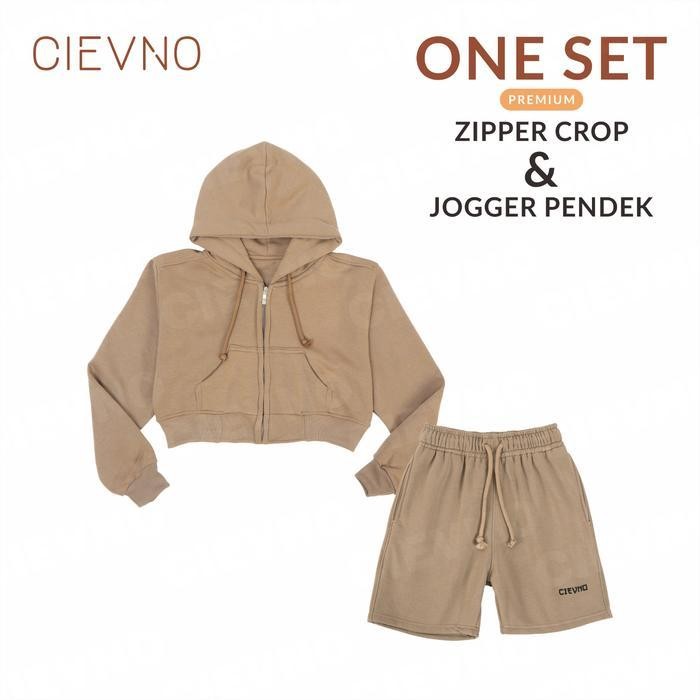 One Set Hoodie Zipper Crop + Celana Jogger Pendek Premium  ( Pria & Wanita ) Sweater Jaket Karet Ove