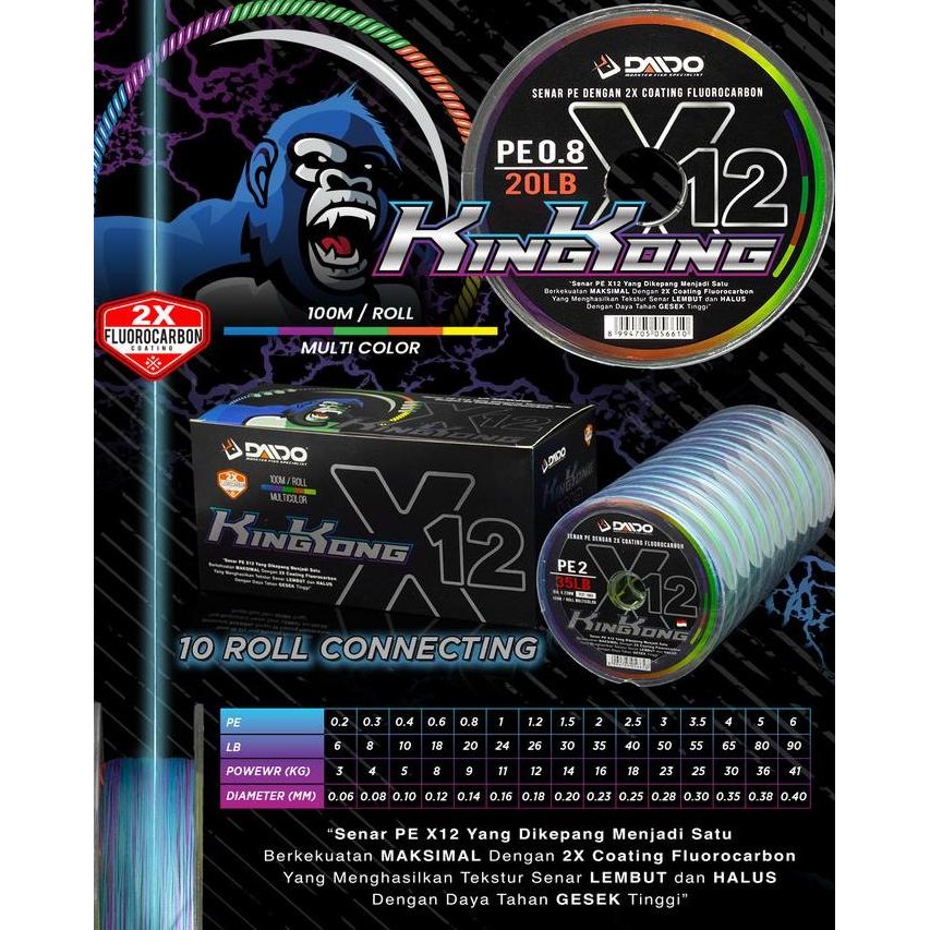 SENAR DAIDO KINGKONG X12 MULTI COLOUR PE 0.2 SAMPAI PE 6 100M