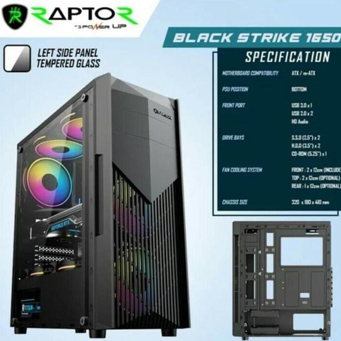Casing PC Komputer PowerUp Gaming Raptor 1650 + 2 Fan