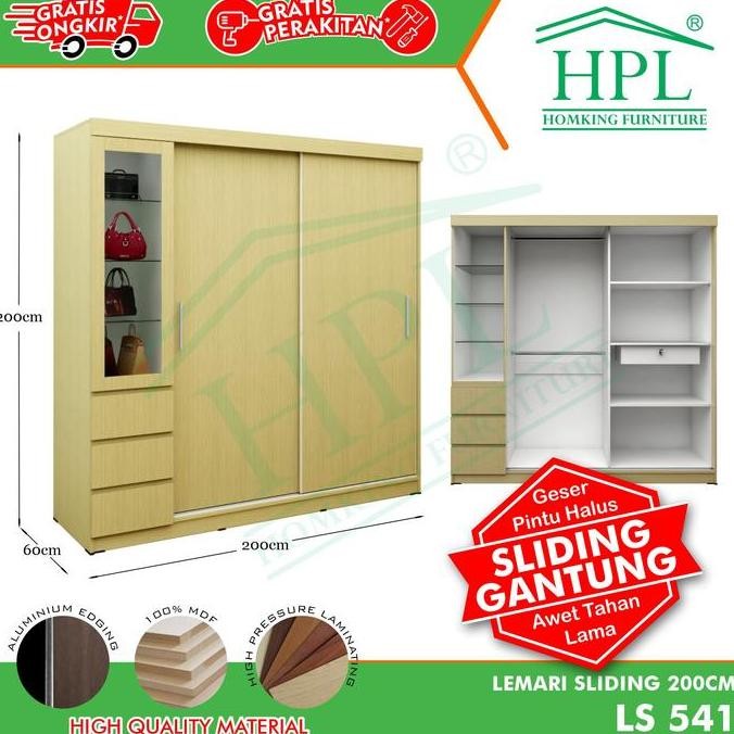 Promo Lemari Pakaian HPL Sliding 200 Coklat Muda Kayu COD
