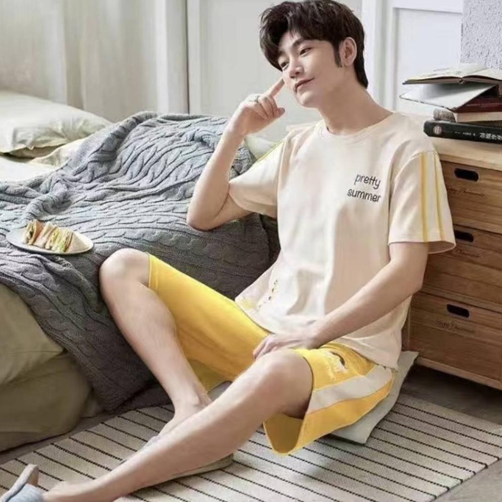 Baju Tidur Piyama Cowok/Pria Lengan Pendek Celana Pendek Bahan Kaos Katun
