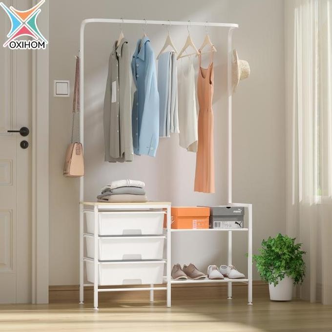 Oxihom Lemari Pakaian Gantungan Baju Full Drawer Pakaian Lemari Baju Gantung 3 Laci Susun Besi Kayu 