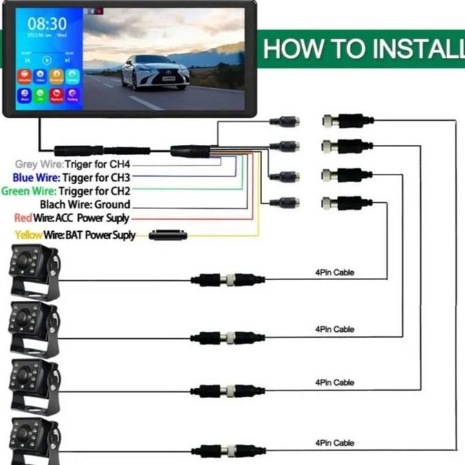 Car Dvr / Dashcam Mobil 10.36 Inchi , 4 Camera Ahd, Mp5, Bt, Layar Ips Touch Screen
