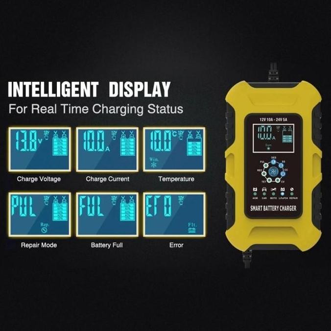 Foxsur Charger Aki 12V-10A 24V-5A 180Ah Smart Auto Lcd Display
