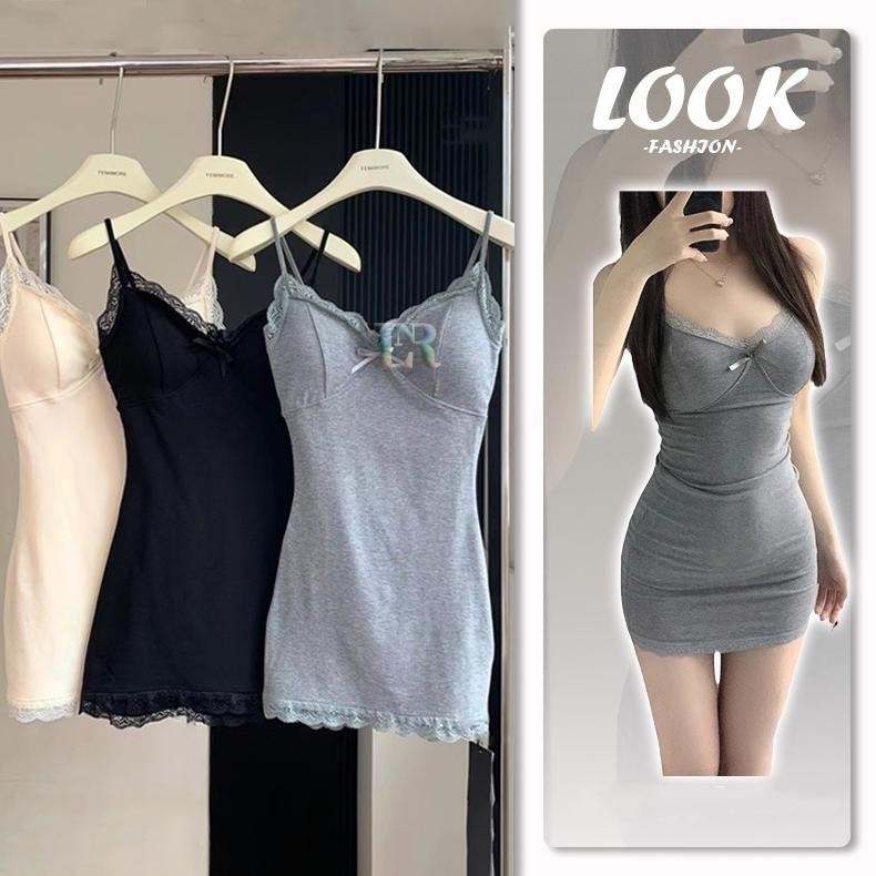 LNR Shop Midi Dress Dewasa dengan Pad Bra Cup Busa Ditambah Renda dan Pita Import Piyama Daster Baju