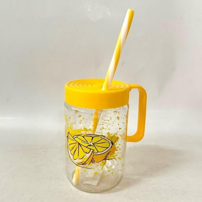 Herevin Gelas Mug Drink Jar Kaca 660 Ml Tutup Plastik + Sedotan