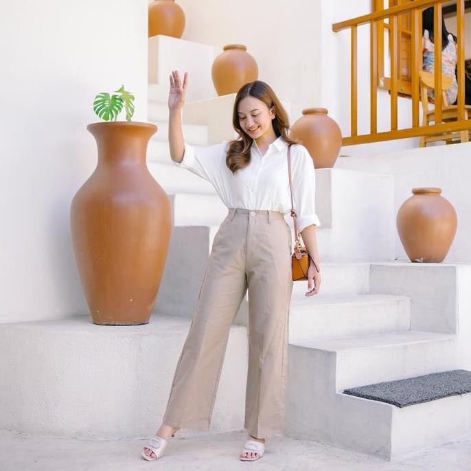 Casual Culotte Zipper - Celana Panjang Basic Linen Wanita Kulot Kain