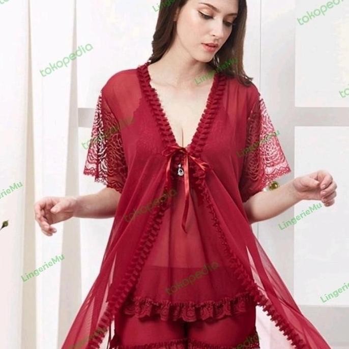 Set Baju Tidur Sexy Transparan 3 In 1