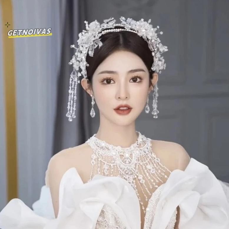 Special - GETNOIVAS Tiara pengantin gaya Korea rumbai kristal super peri buatan tangan ikat kepala m