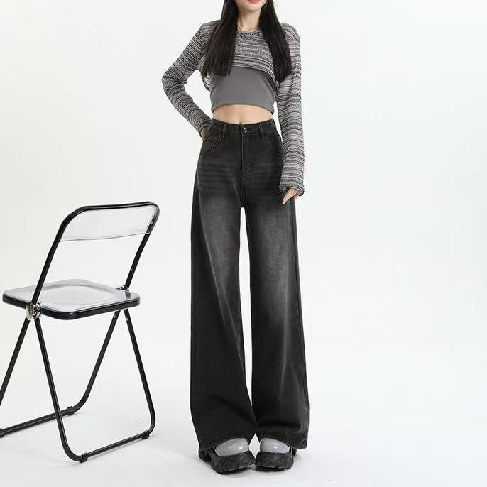 Promo Baggy Jeans Highwaist Wanita Hitam Celana Denim Panjang Cewek Korean Style Cod