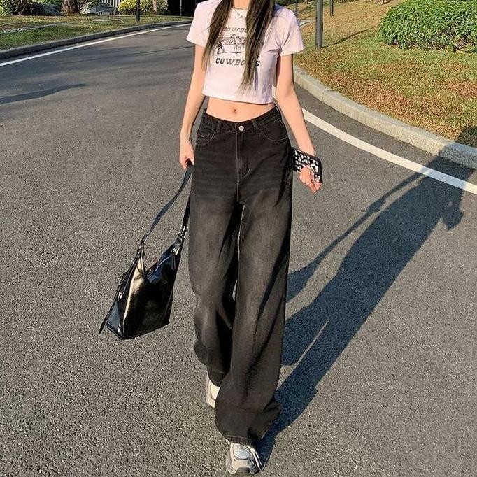 Promo Celana Wanita Baggy Highwaist Jeans Hitam Panjang Denim Jeans Cewek Korean Style S-5Xl Cod