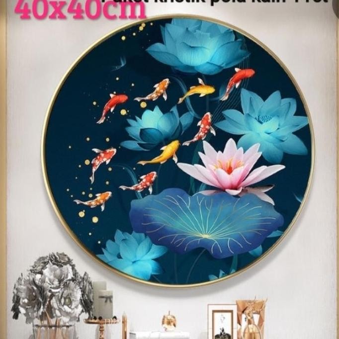 paket kristik 9 ikan koi lotus biru full round pola kain cross stitch