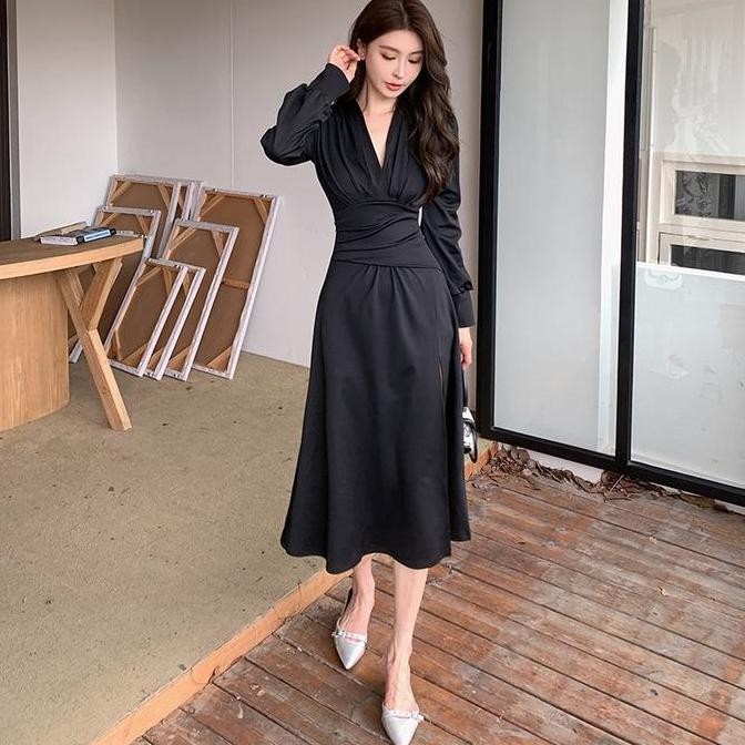 [S~XL]Dress Korean Style - Dress Import Terbaru Korean Style Hitam Vintage Lengan Panjang