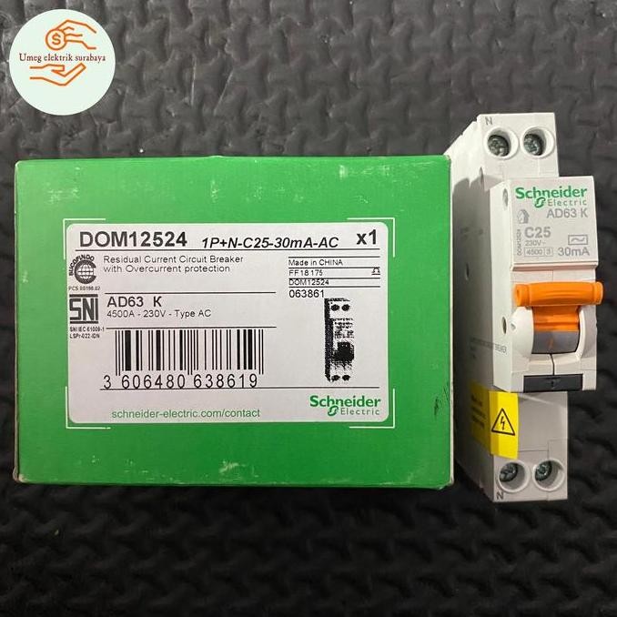 DOM12524 RCBO SLIM SCHNEIDER 1P+N 25A 30MA SCHNEIDER RCBO 25A SCHNEIDER