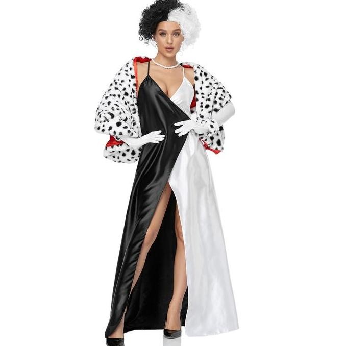 Halloween Cruella De Vil cosplay costume female sexy suspender dress plush cape set ball costume Hal