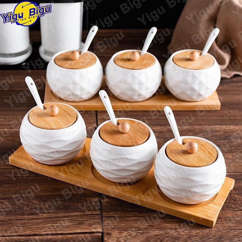 Toples Bumbu Keramik Dapur Set 3 Set Kombo 3 Toples + 1 Alas Kayu 3 Dan 1 Wadah Kayu Toples Kombinas