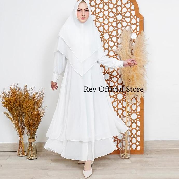 Gamis Rev Set Khimar Wanita Syar'I Busana Haji Dan Umroh Putih Ceruty  Mewah