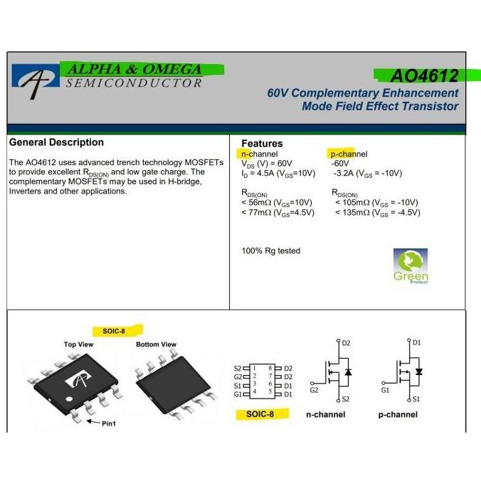 AO4612 60V N-Channel & P-Channel Mosfet 4612 SOIC-8 Alpha Omega Origin
