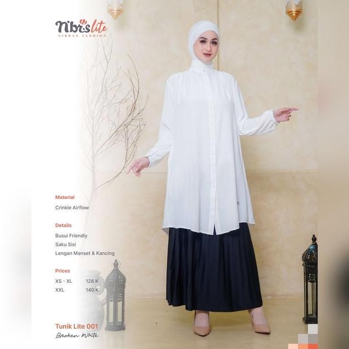 Nibras Tunik Terbaru Lite 001 Warna Putih Tulang Broken White Polos Atasan Blus Wanita Cantik Busui 