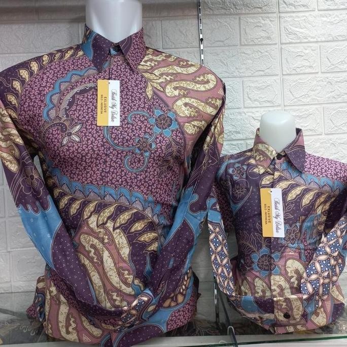 Promo REKOMENDASI UNGU PLUM Seragam Batik Couple Katun Premium Ayah Anak Motif Floral Elegan Baju Ke