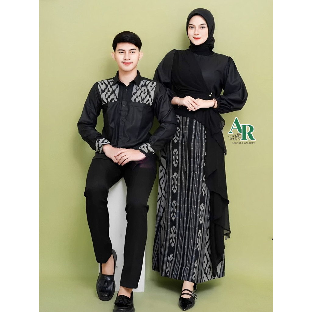 Baju Tenun Couple Pasangan Kondanggan Dres Hitam Wanita kemeja Panjang Pria Vest Rompi