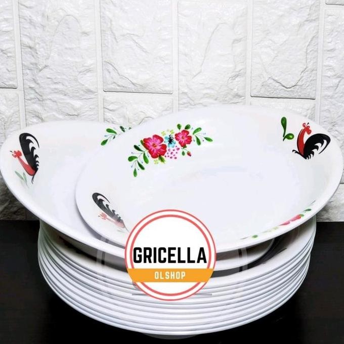 Paket Hemat 1 Lusin Piring Makan Dan Mangkuk Ayam Jago Merk Singasingi Bahan Asli Melamin