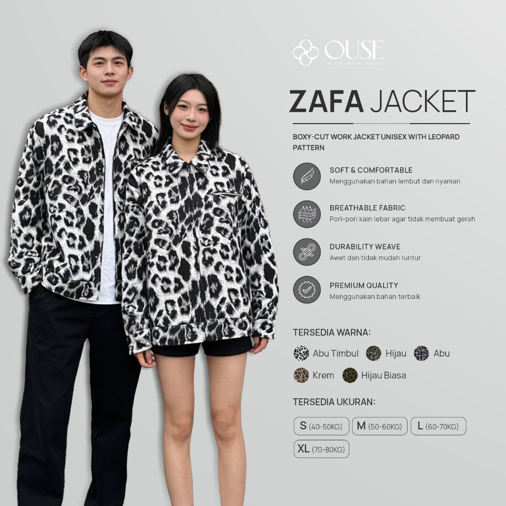 OUSE Zafa work jacket pattern leopard jaket boxy motif macan ranting unisex