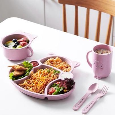 SET Tempat Makan Anak Gambar Kucing Pink Lucu Perlengkapan Makan Bayi