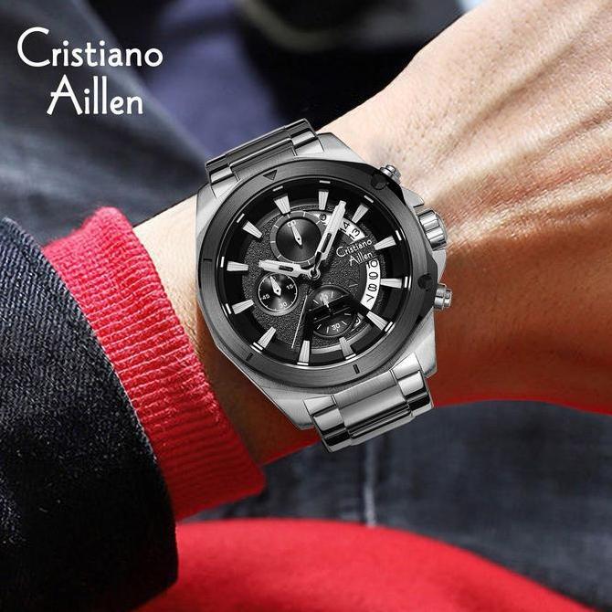 Watch- Cristiano Aillen Jam Tangan Pria Analog 8896 Rantai Stainless Steel Chronograph Kaca Sapphire