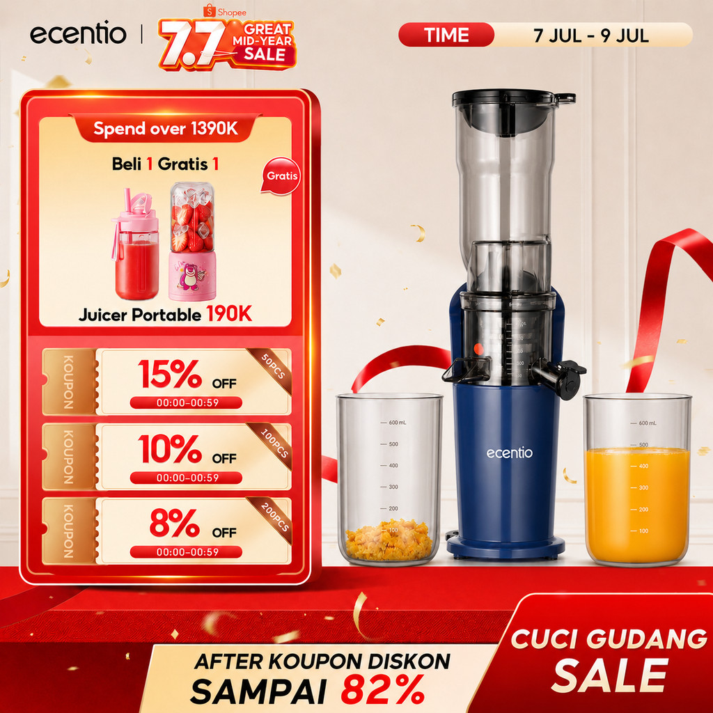 ecentio Slow Juicer Low Watt Juicer Buah Tanpa Ampas 82mm Easy Juice Filter-Free Low Watt Easy Clean