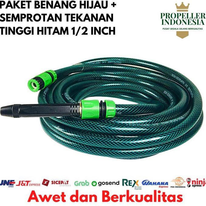 Sekre- Selang Air 1/2 Inch Benang Hijau Paket Semprotan Air Cuci Motor Hitam