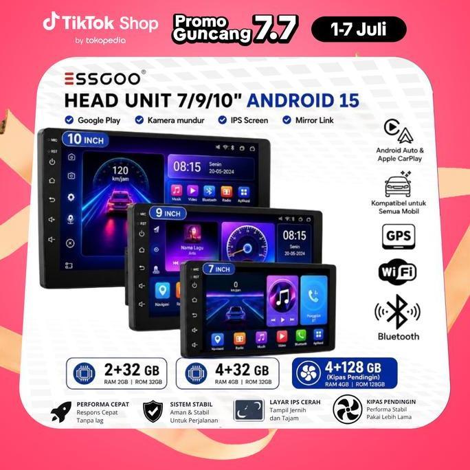 ESSGOO Head Unit Android 15 mobil 4G+64G  7/9/10 Inch 2 Din Kontrol Suhu Cerdas IPS Layer Mobil Navi