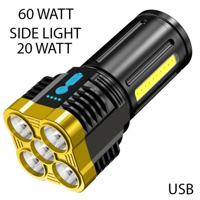 Light- Senter Led 5 Mata 60W + 20W / Senter Led Chargeable / Senter Cas Led