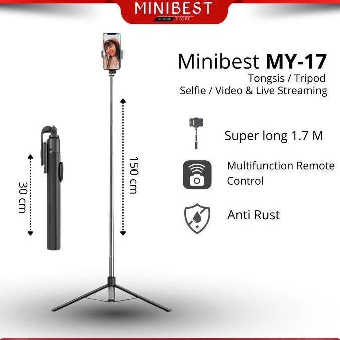 Phone- Mini My17 Tongsis Tripod Bluetooth Selfie Stick RemoteTripod360 Super Long Panjang