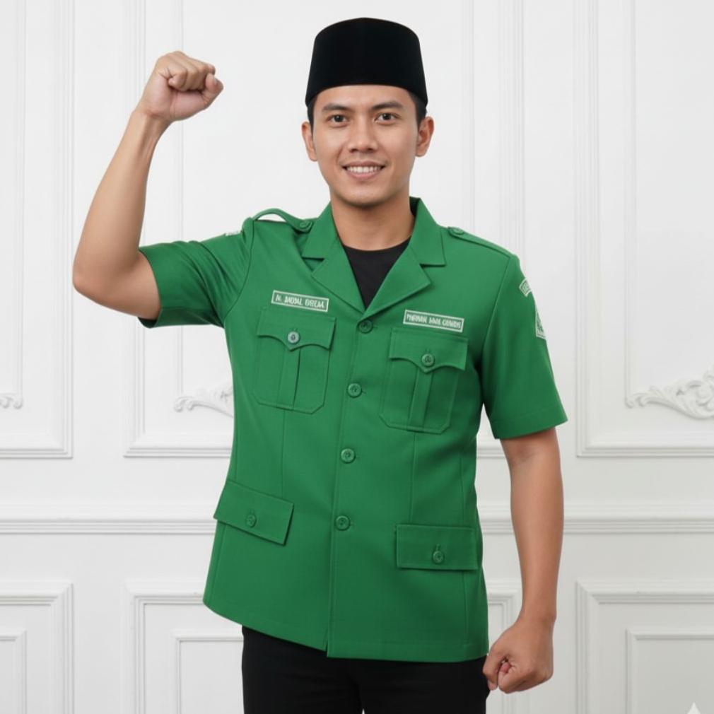 Diskon Jas Ansor Model Soekarno Hijau Resmi Nasional Free Bordir Nama & Jabatan